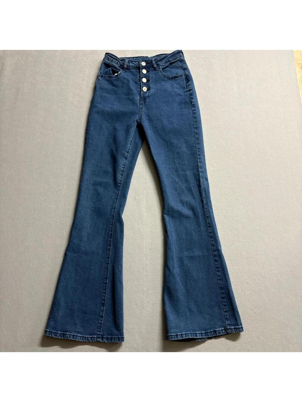 Shein Womens High Rise Flare Jeans Size S Blue Denim Button Fly Stretch Bell